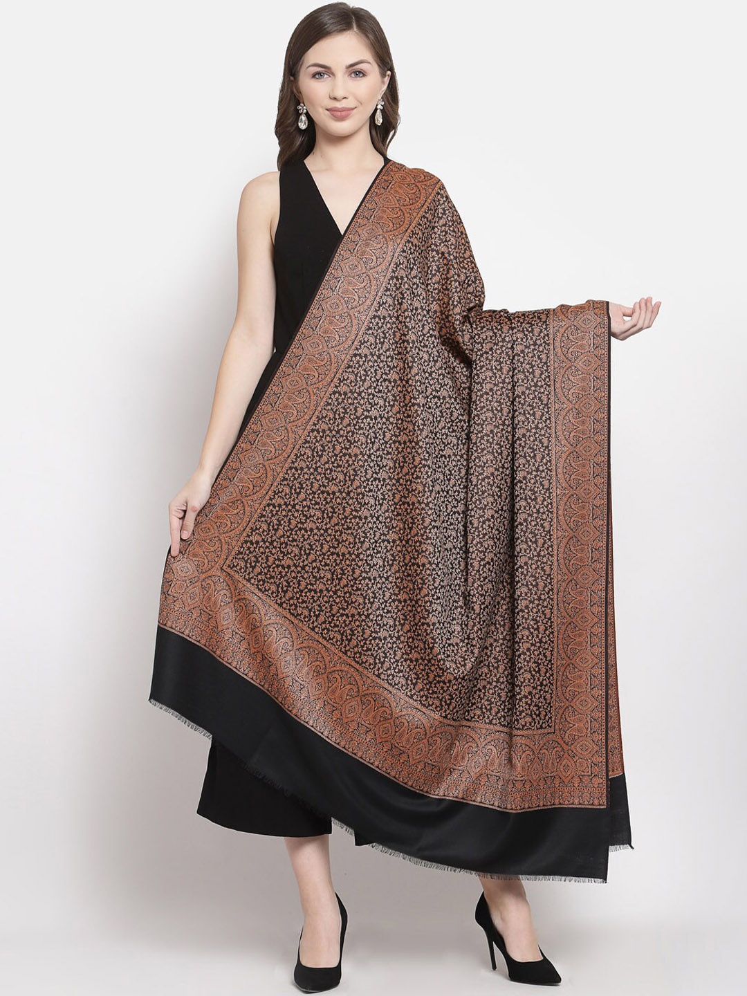 

Pashtush Women Black & Orange Woven Design Shawl