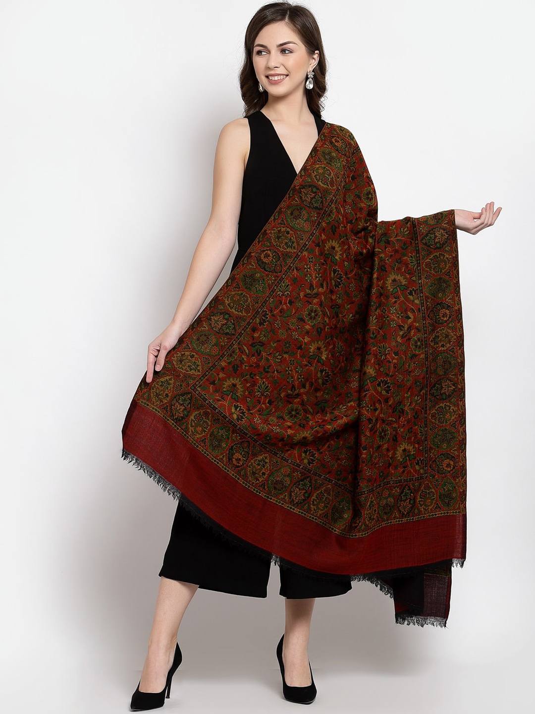 

Pashtush Women Maroon & Green Paisley Printed Woolen Shawl