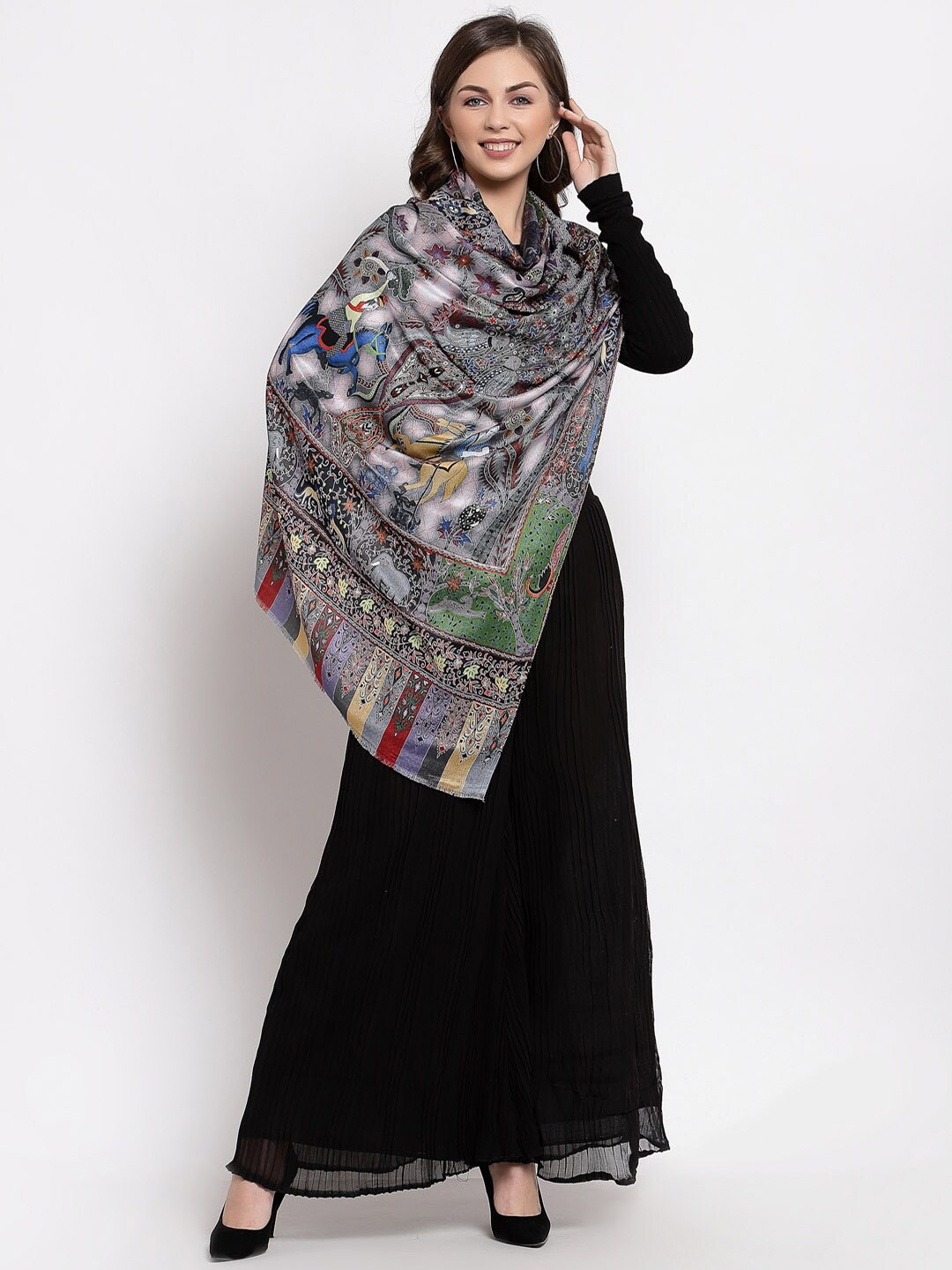 

Pashtush Women Grey & Black Printed Stole