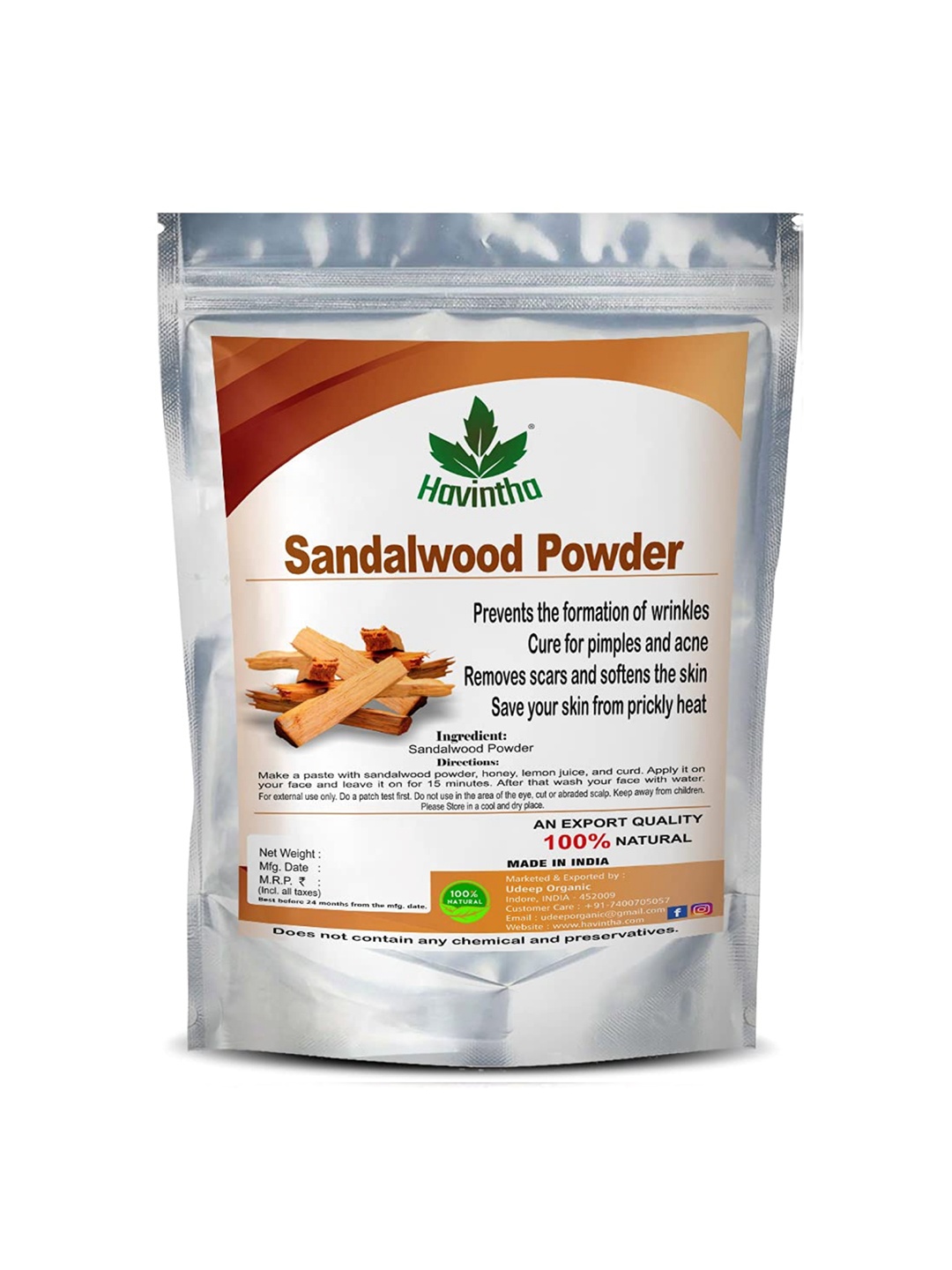 

Havintha Pure and Natural Sandal Wood Powder for Skin Care - Face Pack 100 g, Brown