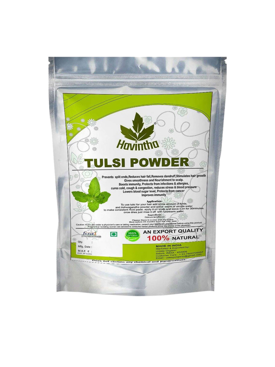 

Havintha Tulsi Powder for Lungs, Brain, Skin & Hair Health (Holy Basil) - 227 g, Green