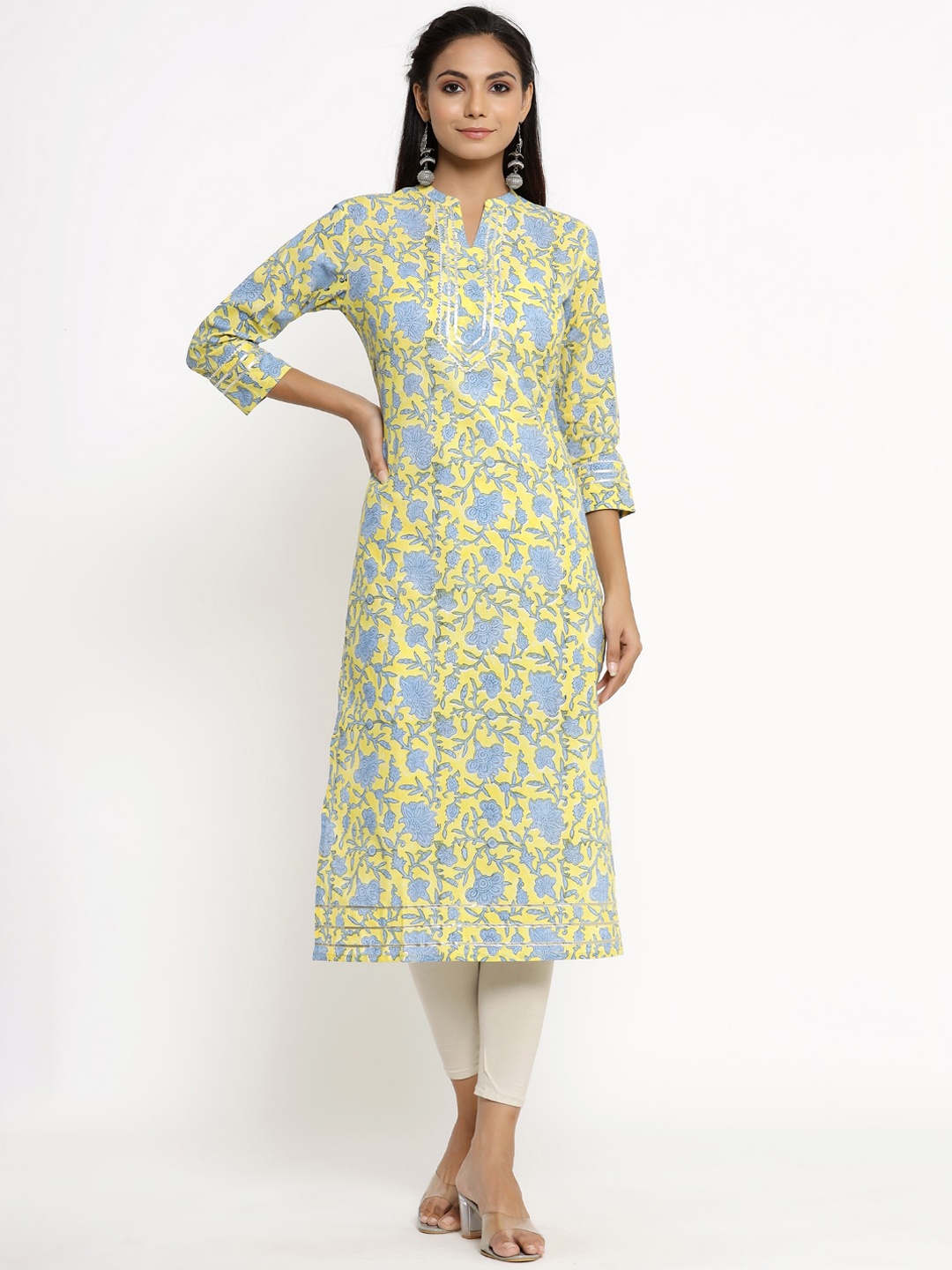 

kipek Women Yellow & Blue Floral Printed Cotton Kurta