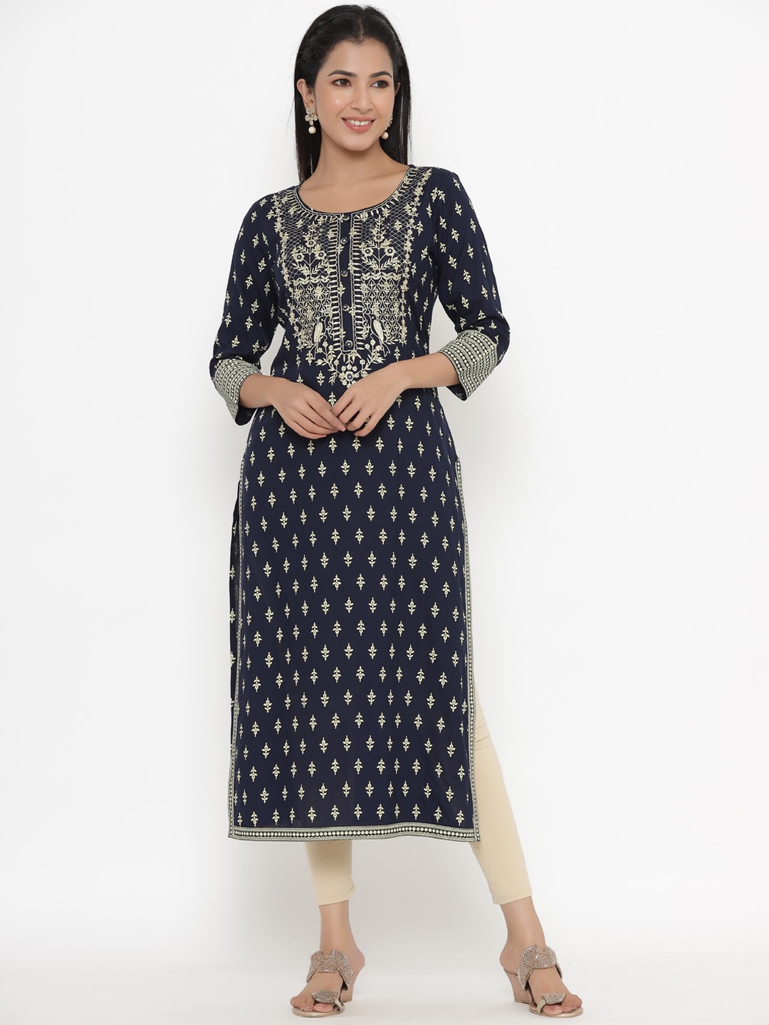 

kipek Women Navy Blue Ethnic Motifs Embroidered Kurta