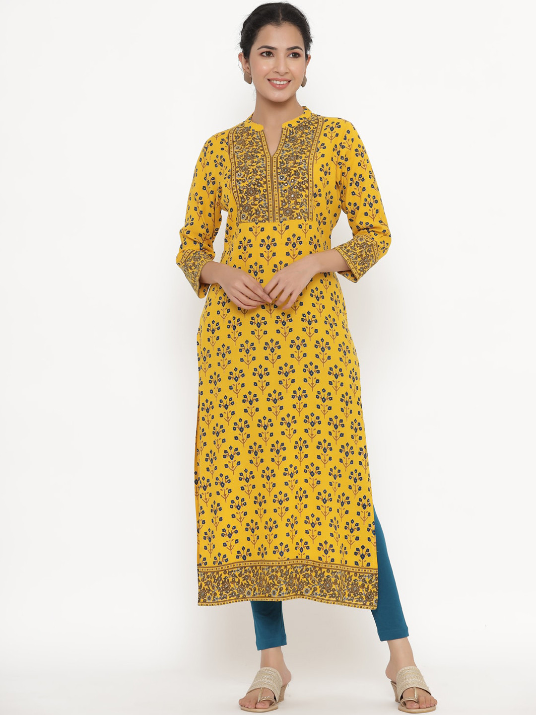 

kipek Women Mustard Yellow Floral Printed Kurta