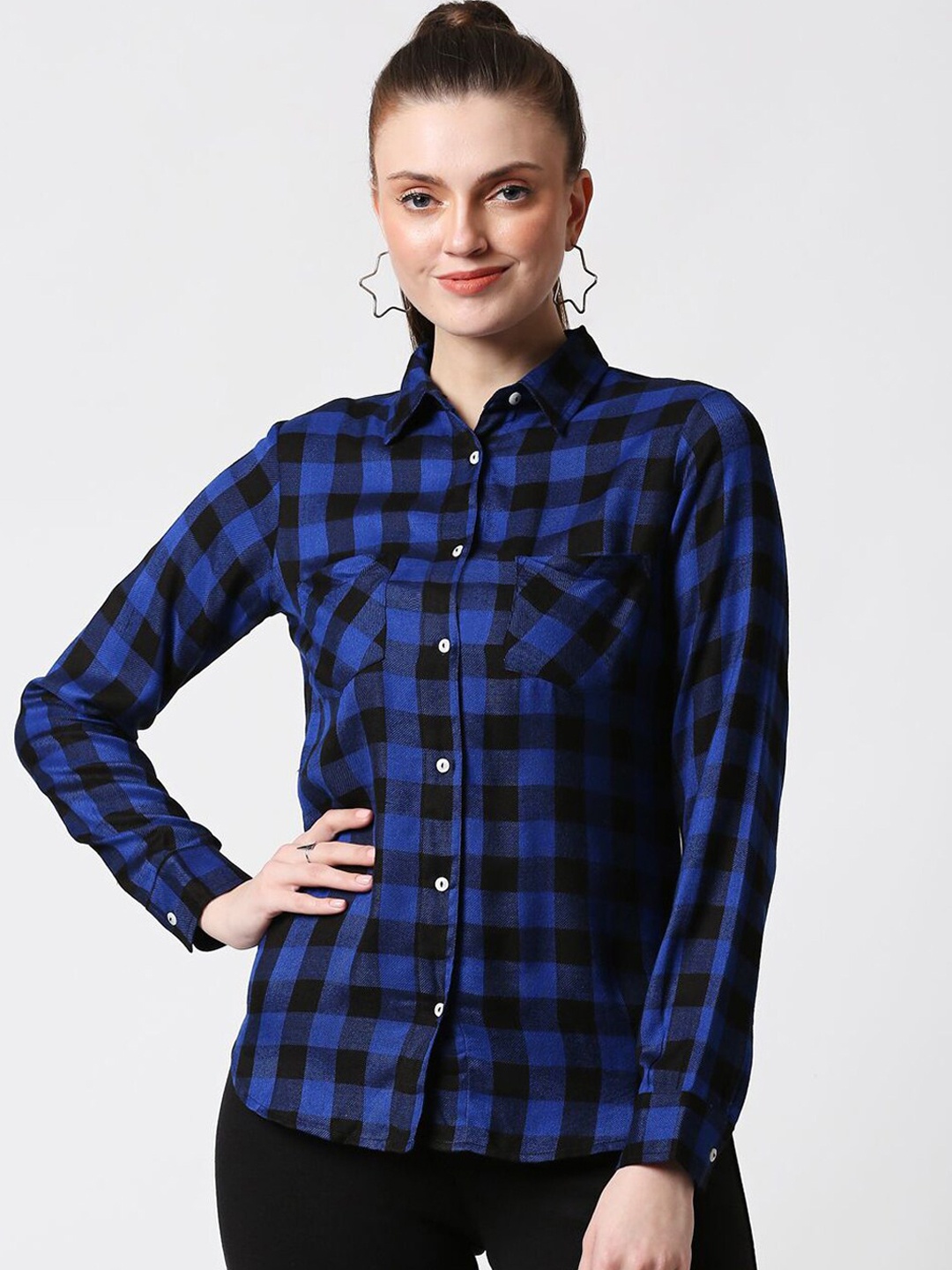 

Bewakoof Women Black Shepherd Checks Opaque Checked Casual Shirt