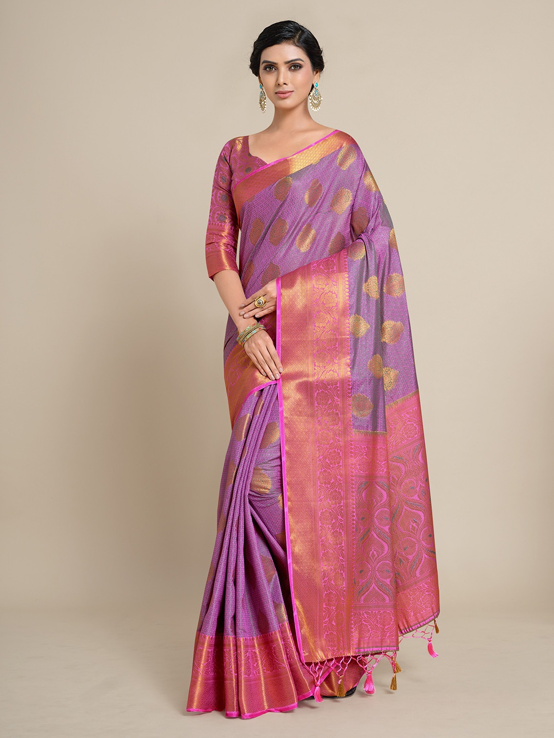 

MIMOSA Pink & Purple Ethnic Motifs Zari Art Silk Kanjeevaram Saree