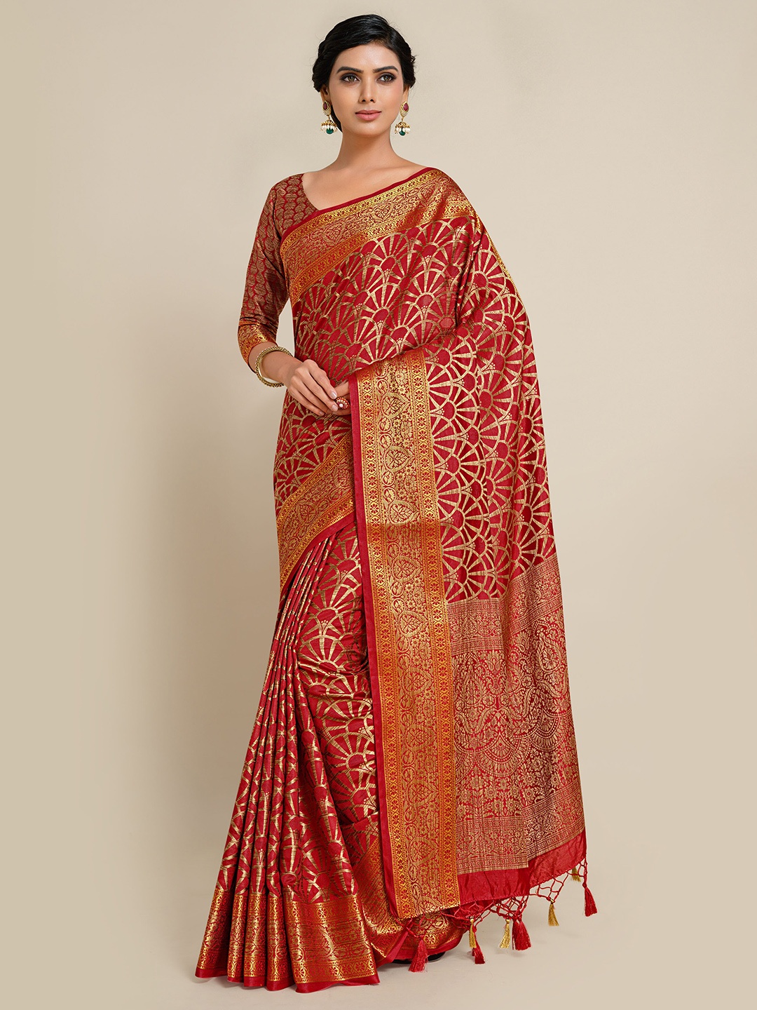

MIMOSA Red & Gold-Toned Zari Art Silk Kanjeevaram Saree