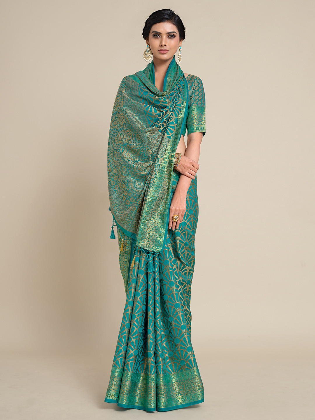 

MIMOSA Turquoise Blue & Gold-Toned Zari Art Silk Kanjeevaram Saree