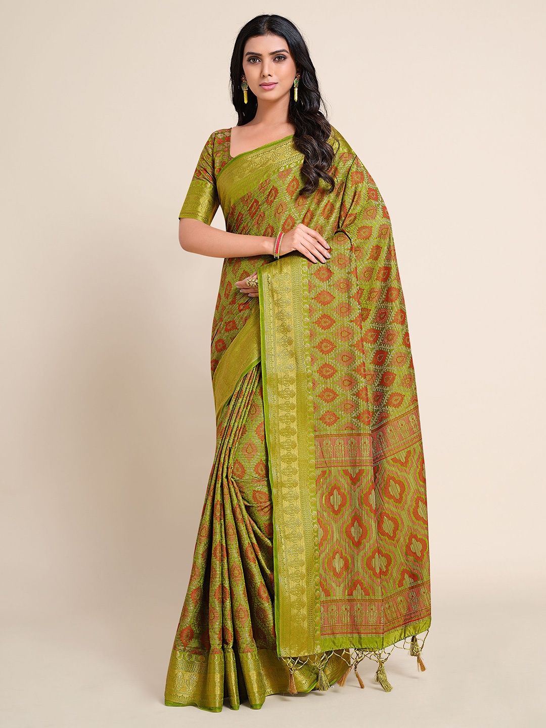 

MIMOSA Olive Green & Red Ethnic Motifs Zari Art Silk Kanjeevaram Saree