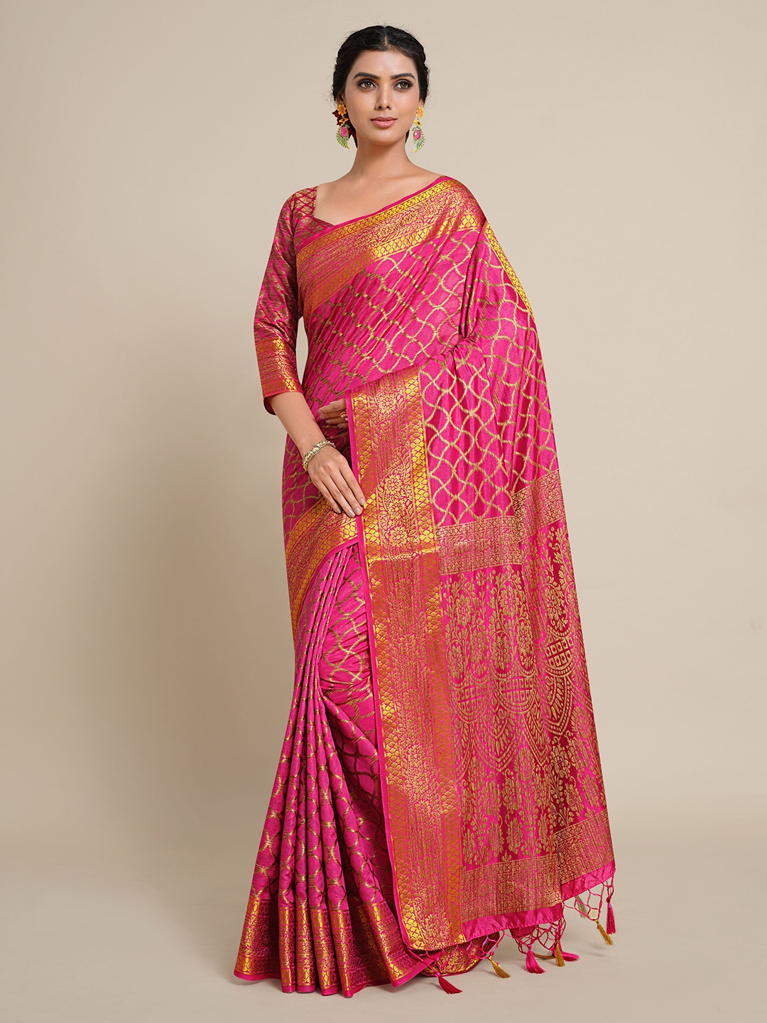 

MIMOSA Pink & Gold-Toned Zari Art Silk Kanjeevaram Saree
