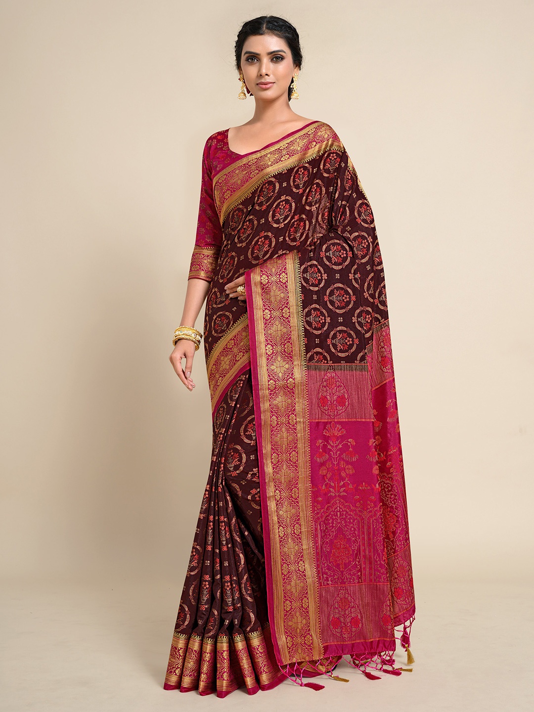 

MIMOSA Burgundy & Gold-Toned Woven Design Zari Art Silk Kanjeevaram Saree