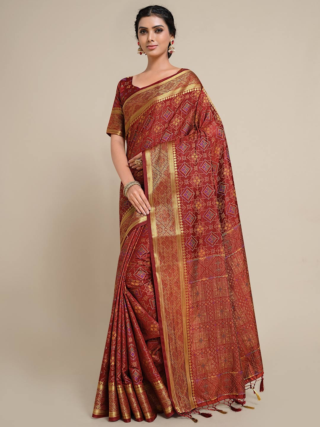 

MIMOSA Maroon & Gold-Toned Woven Design Zari Art Silk Kanjeevaram Saree