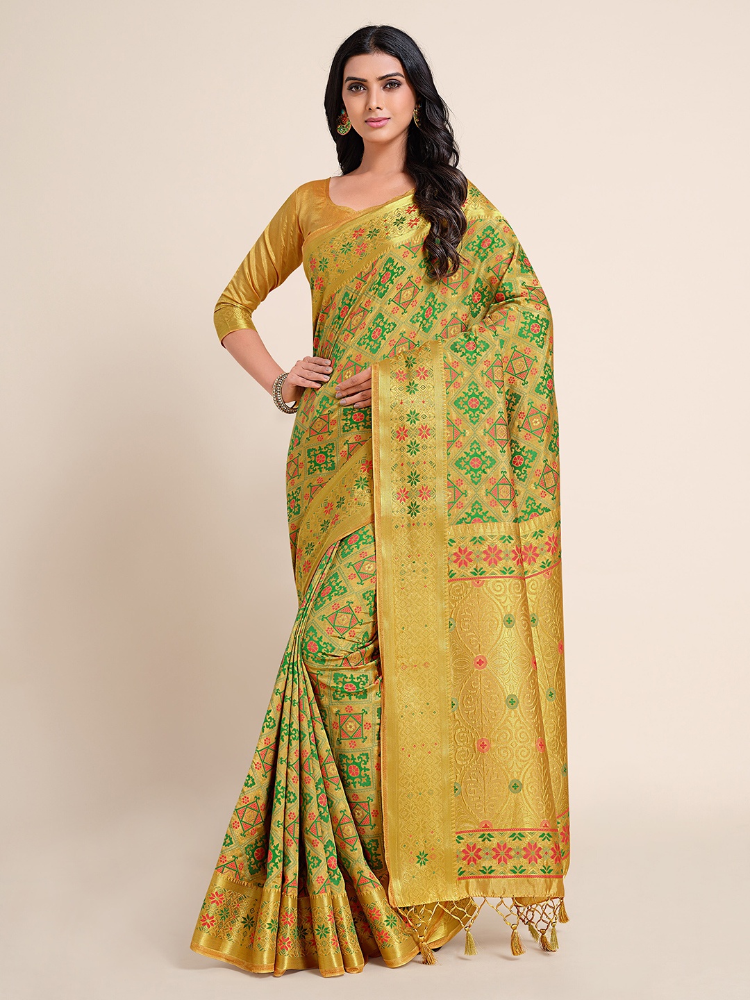 

MIMOSA Yellow & Green Ethnic Motifs Zari Art Silk Kanjeevaram Saree