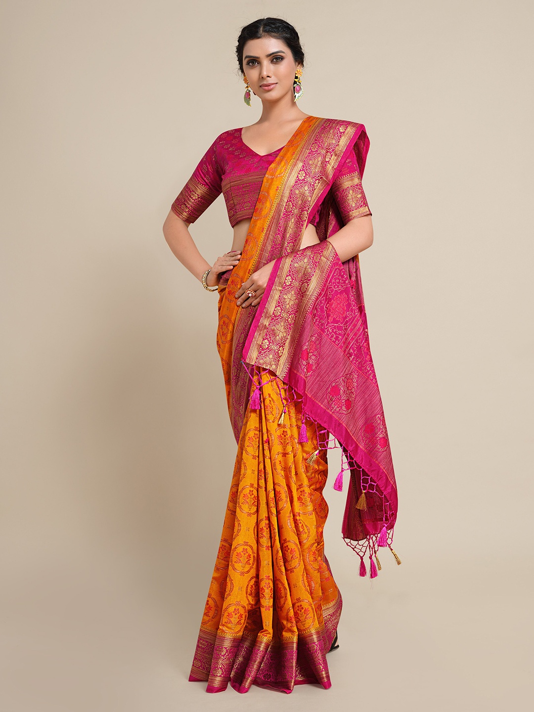 

MIMOSA Gold-Toned & Magenta Zari Art Silk Kanjeevaram Saree