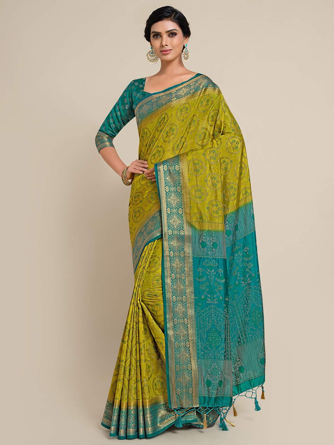 

MIMOSA Lime Green & Turquoise Blue Woven Design Zari Art Silk Kanjeevaram Saree
