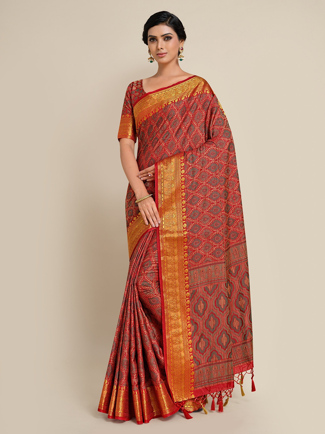 

MIMOSA Red & Gold-Toned Zari Art Silk Kanjeevaram Saree