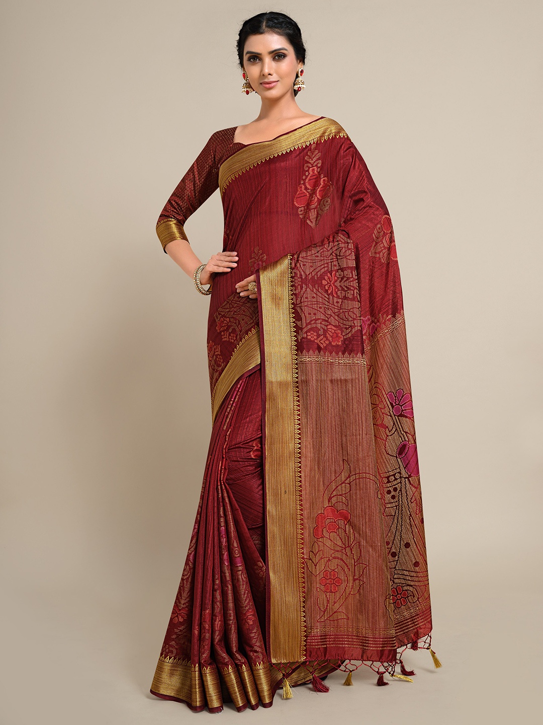 

MIMOSA Maroon & Gold-Toned Ethnic Motifs Zari Art Silk Kanjeevaram Saree