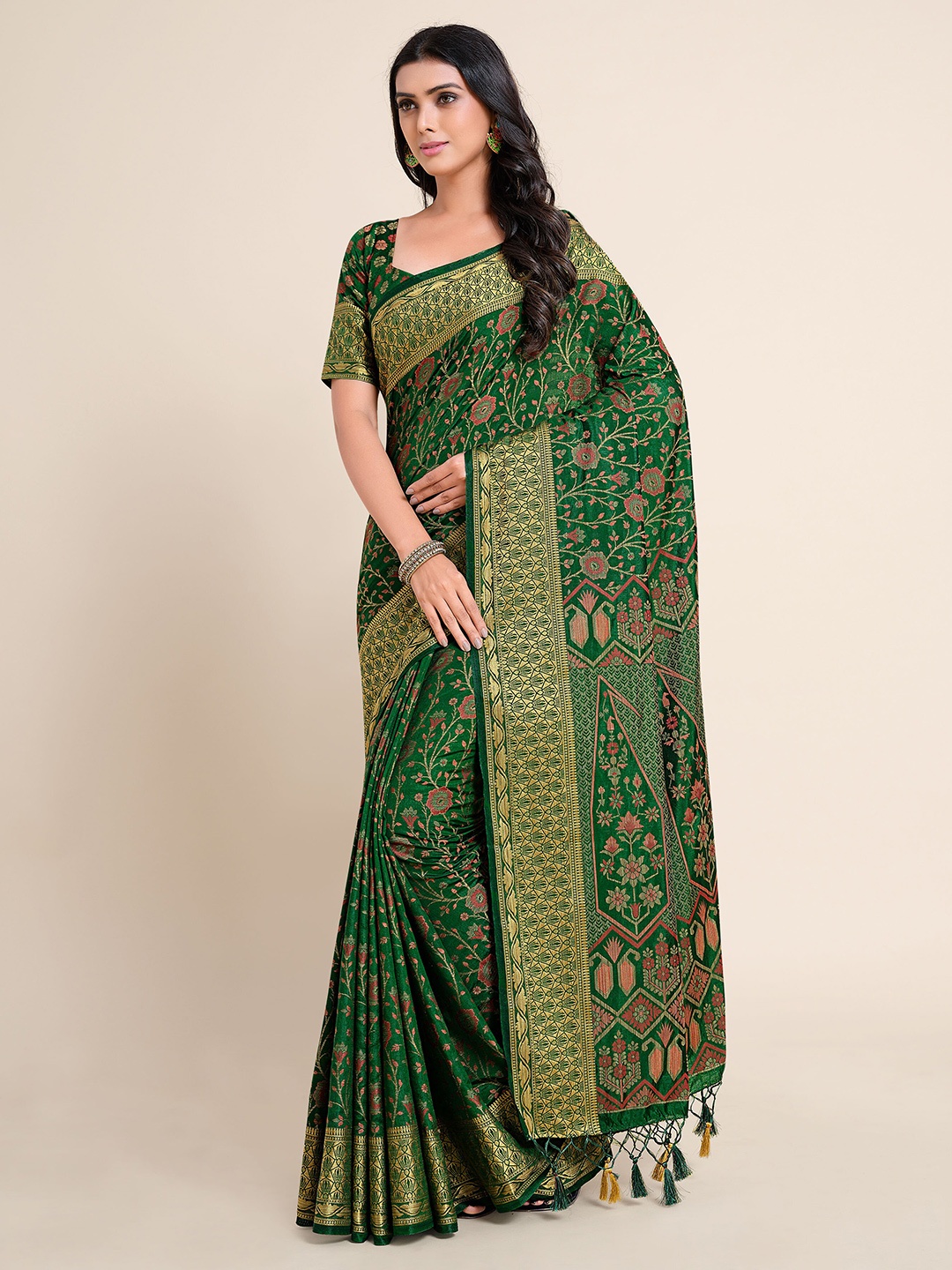 

MIMOSA Green & Pink Woven Design Zari Art Silk Kanjeevaram Saree