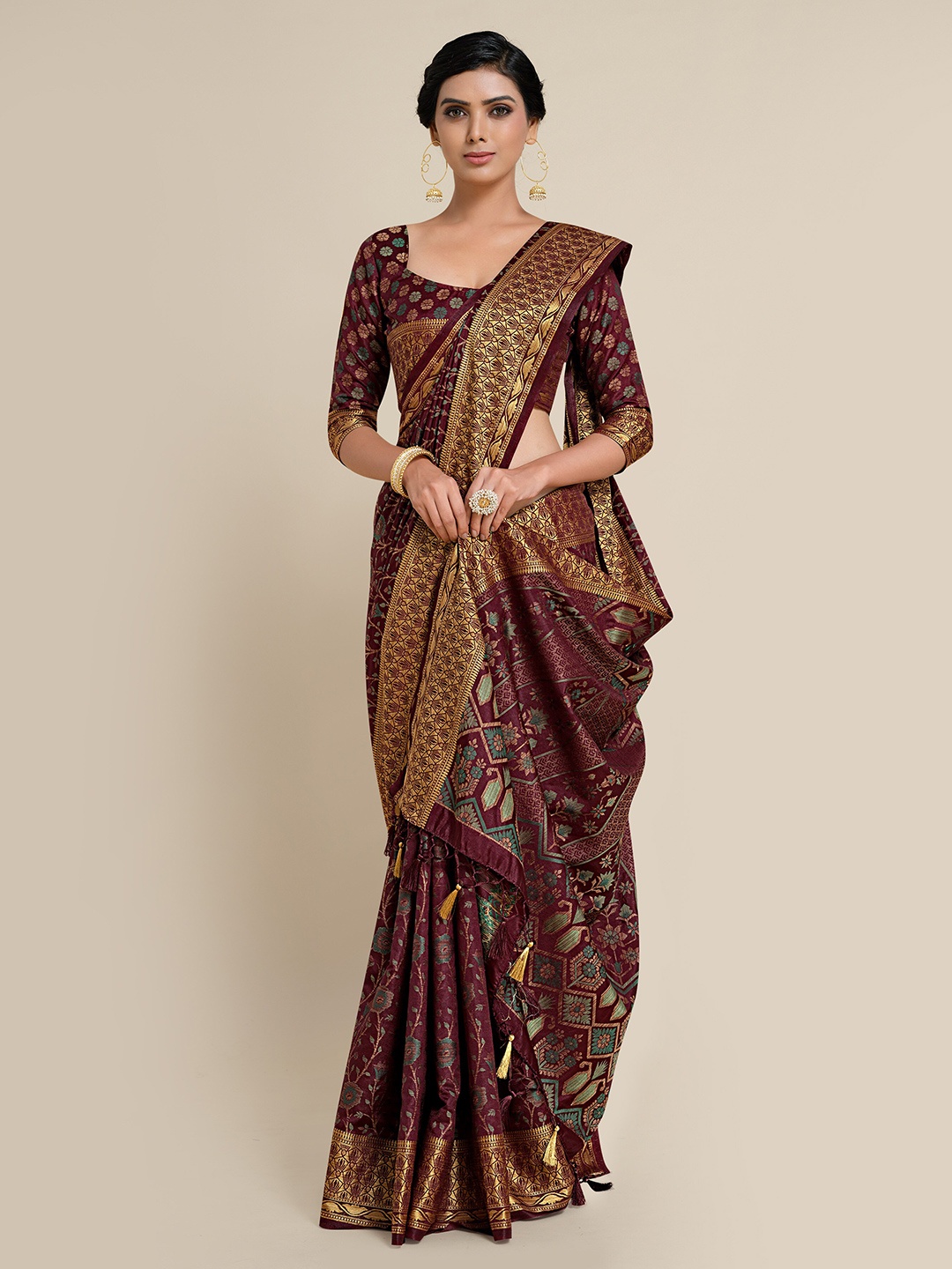

MIMOSA Burgundy & Gold-Toned Ethnic Motifs Zari Art Silk Kanjeevaram Saree