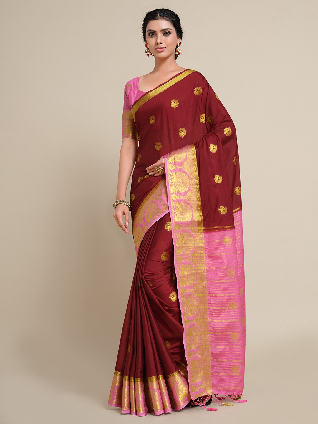 

MIMOSA Maroon & Gold-Toned Ethnic Motifs Zari Mysore Silk Saree