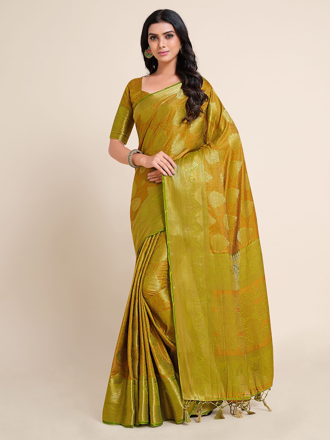 

MIMOSA Olive Green & Gold-Toned Ethnic Motifs Zari Art Silk Kanjeevaram Saree