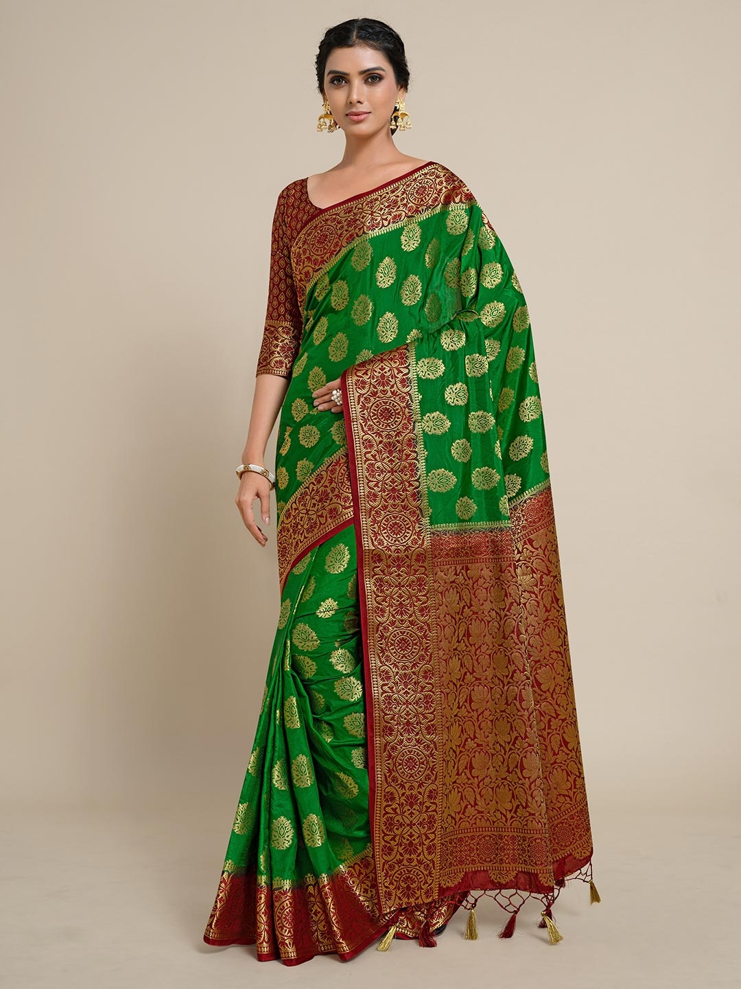 

MIMOSA Green & Red Ethnic Motifs Zari Art Silk Kanjeevaram Saree