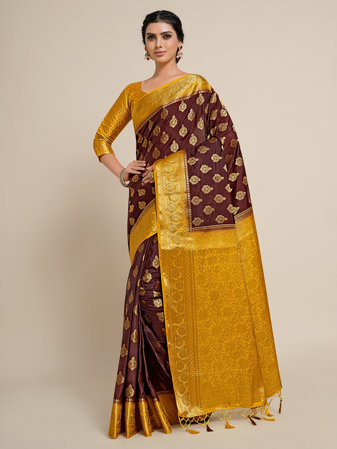 

MIMOSA Burgundy & Mustard Ethnic Motifs Zari Art Silk Kanjeevaram Saree