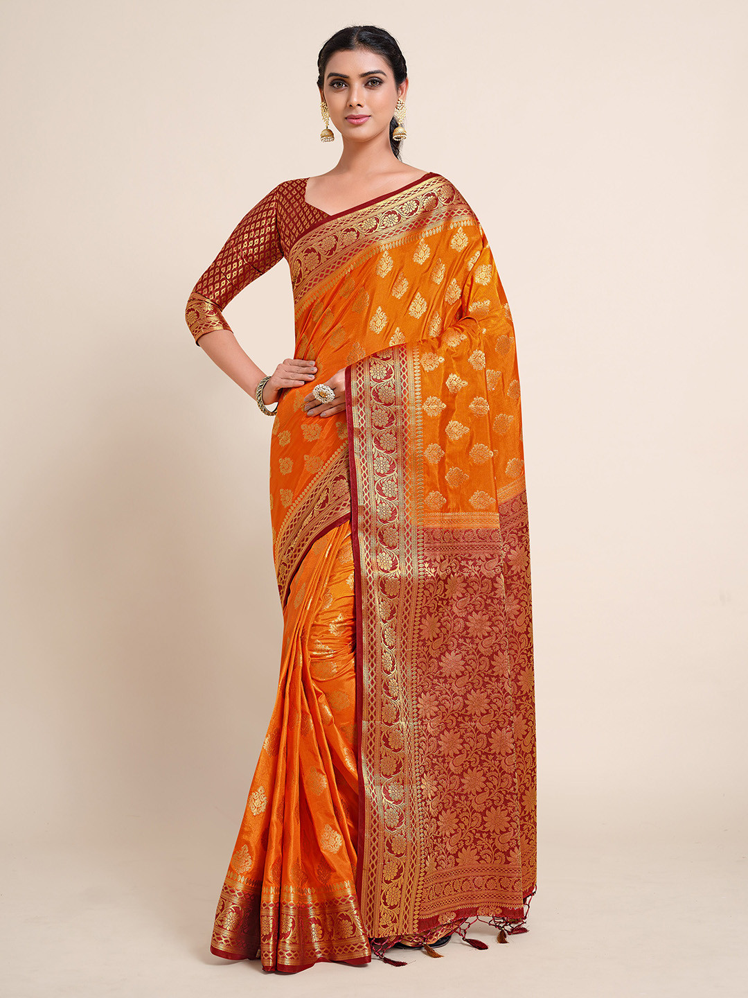 

MIMOSA Orange & Gold-Toned Ethnic Motifs Zari Art Silk Kanjeevaram Saree