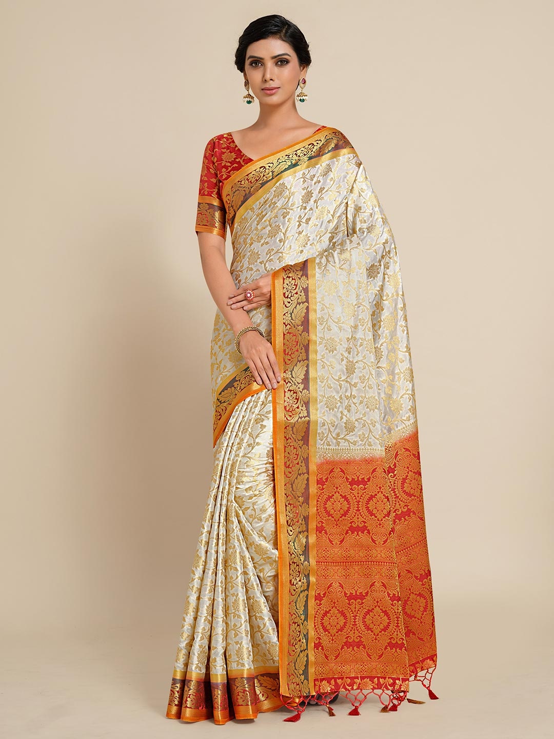 

MIMOSA Off White & Orange Ethnic Motifs Zari Art Silk Kanjeevaram Saree