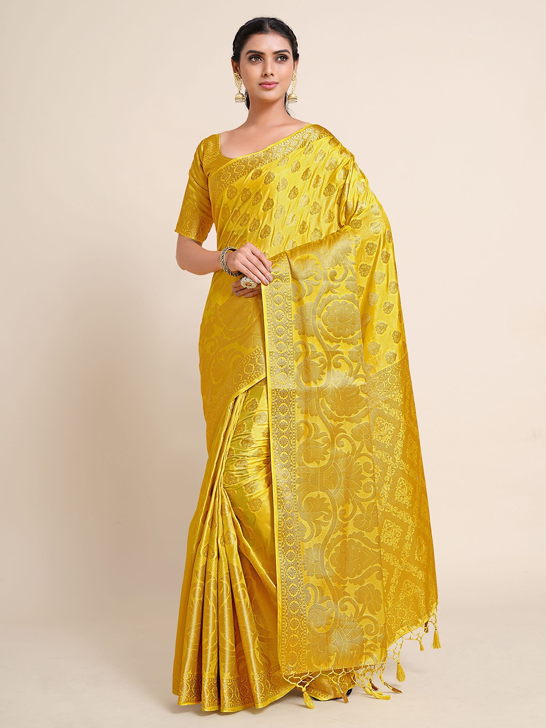 

MIMOSA Yellow & Gold-Toned Ethnic Motifs Zari Art Silk Kanjeevaram Saree