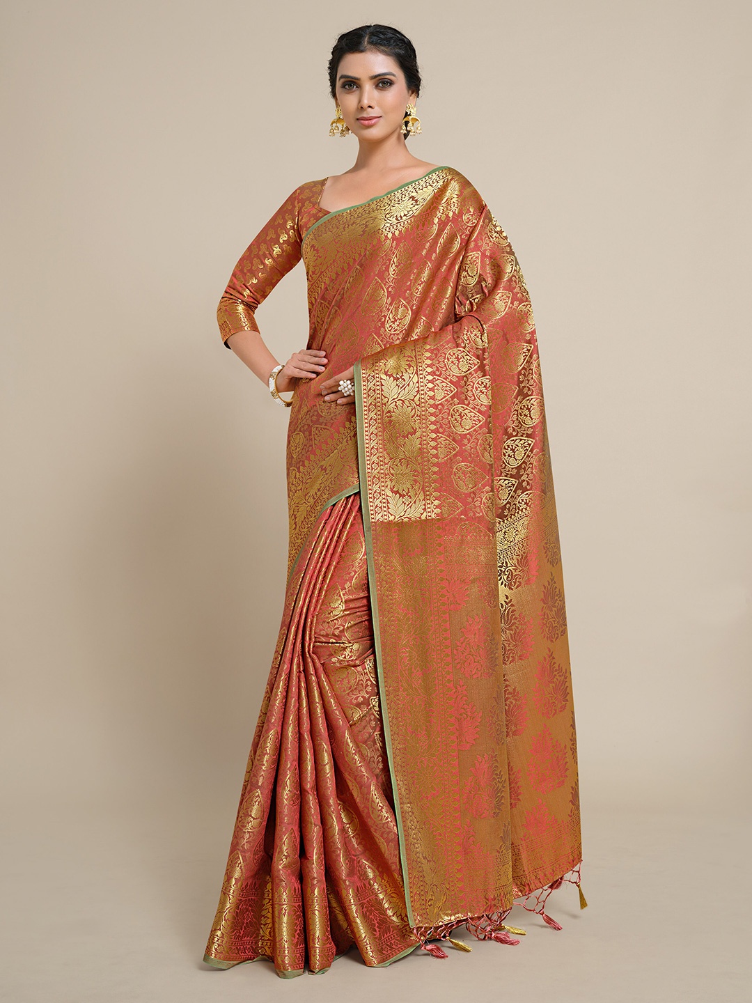 

MIMOSA Rust & Gold-Toned Ethnic Motifs Zari Art Silk Kanjeevaram Saree