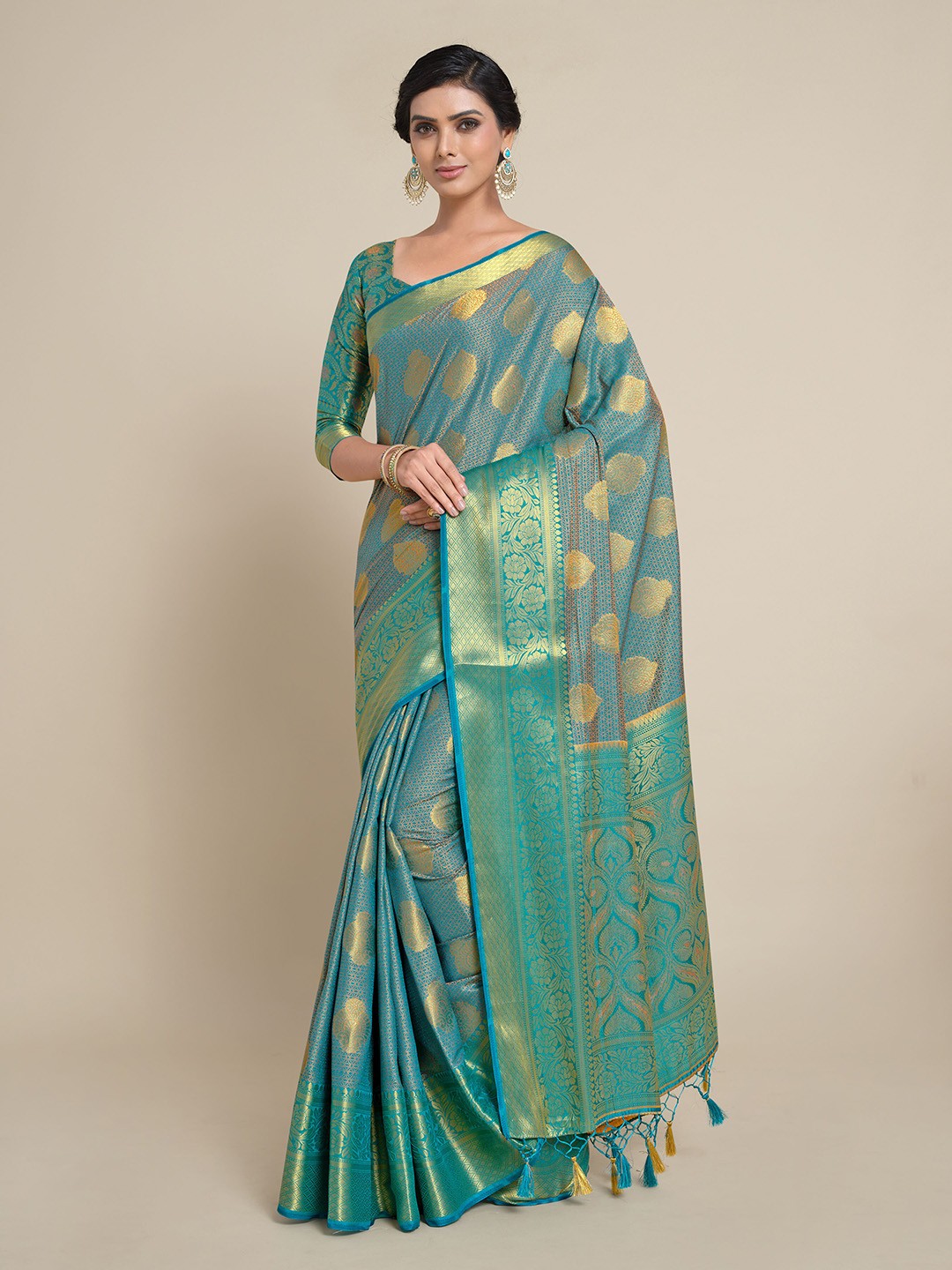 

MIMOSA Turquoise Blue & Gold-Toned Ethnic Motifs Zari Art Silk Kanjeevaram Saree