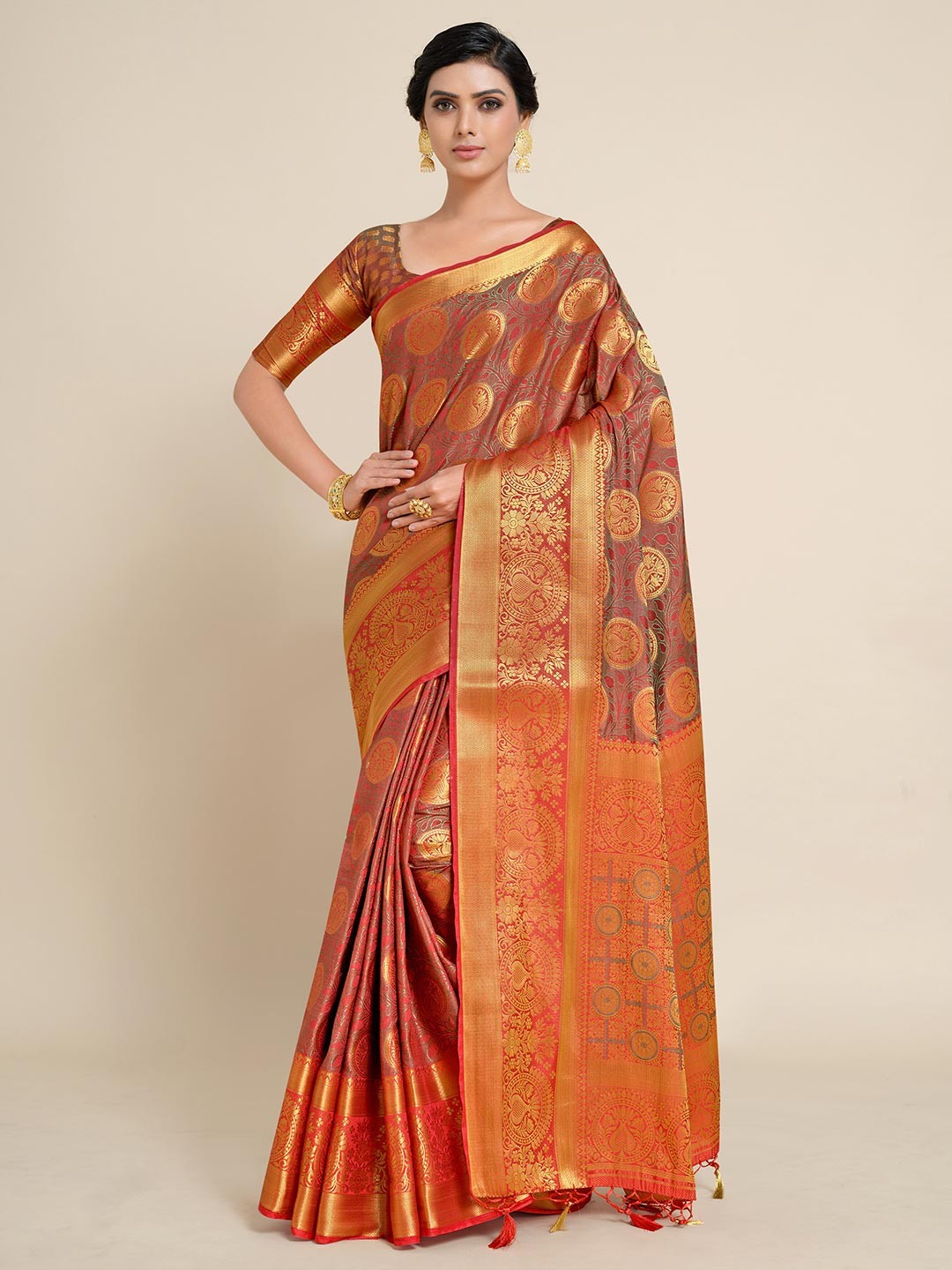 

MIMOSA Orange & Grey Ethnic Motifs Zari Art Silk Kanjeevaram Saree