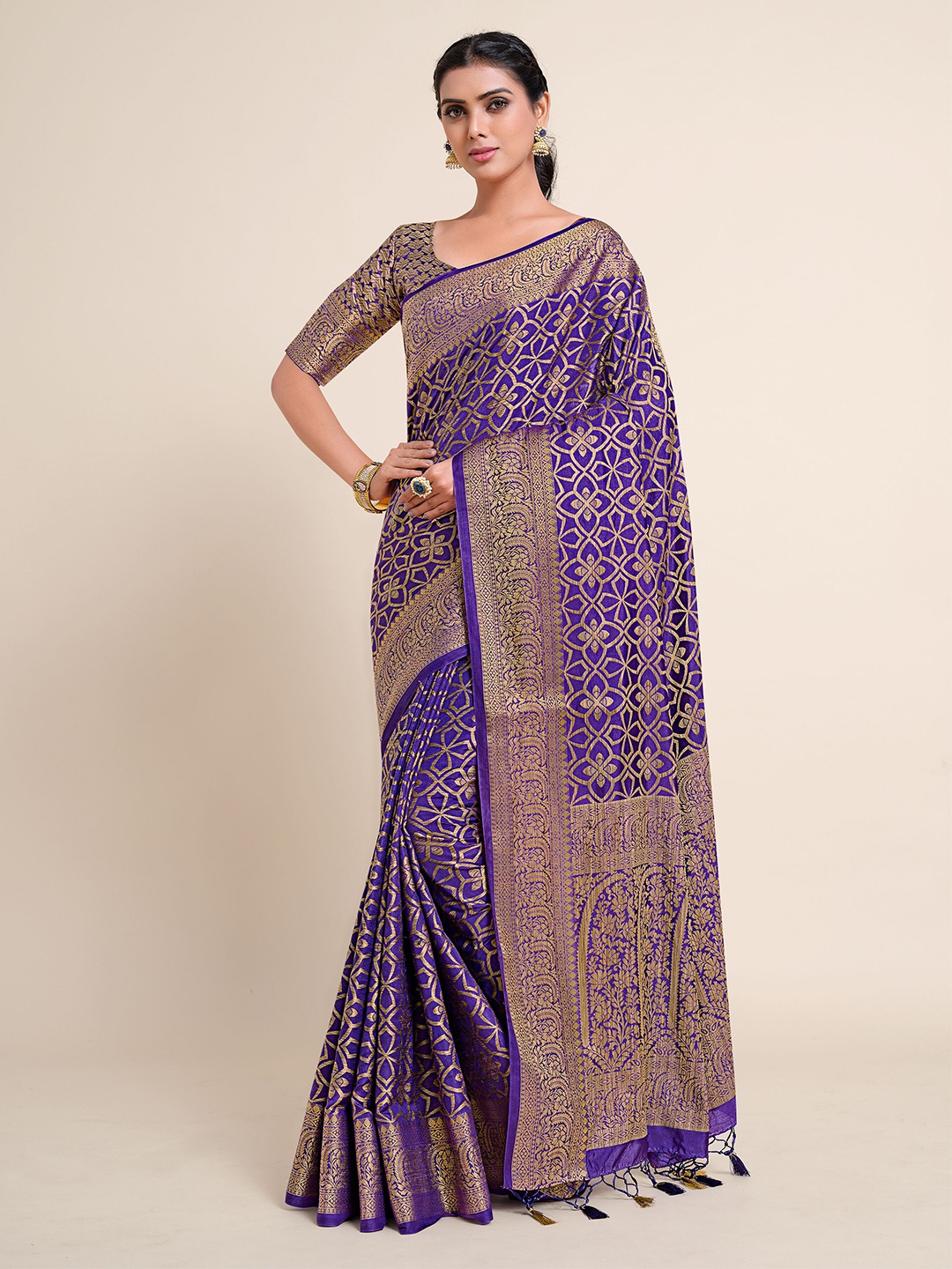

MIMOSA Purple & Gold-Toned Ethnic Motifs Zari Art Silk Kanjeevaram Saree