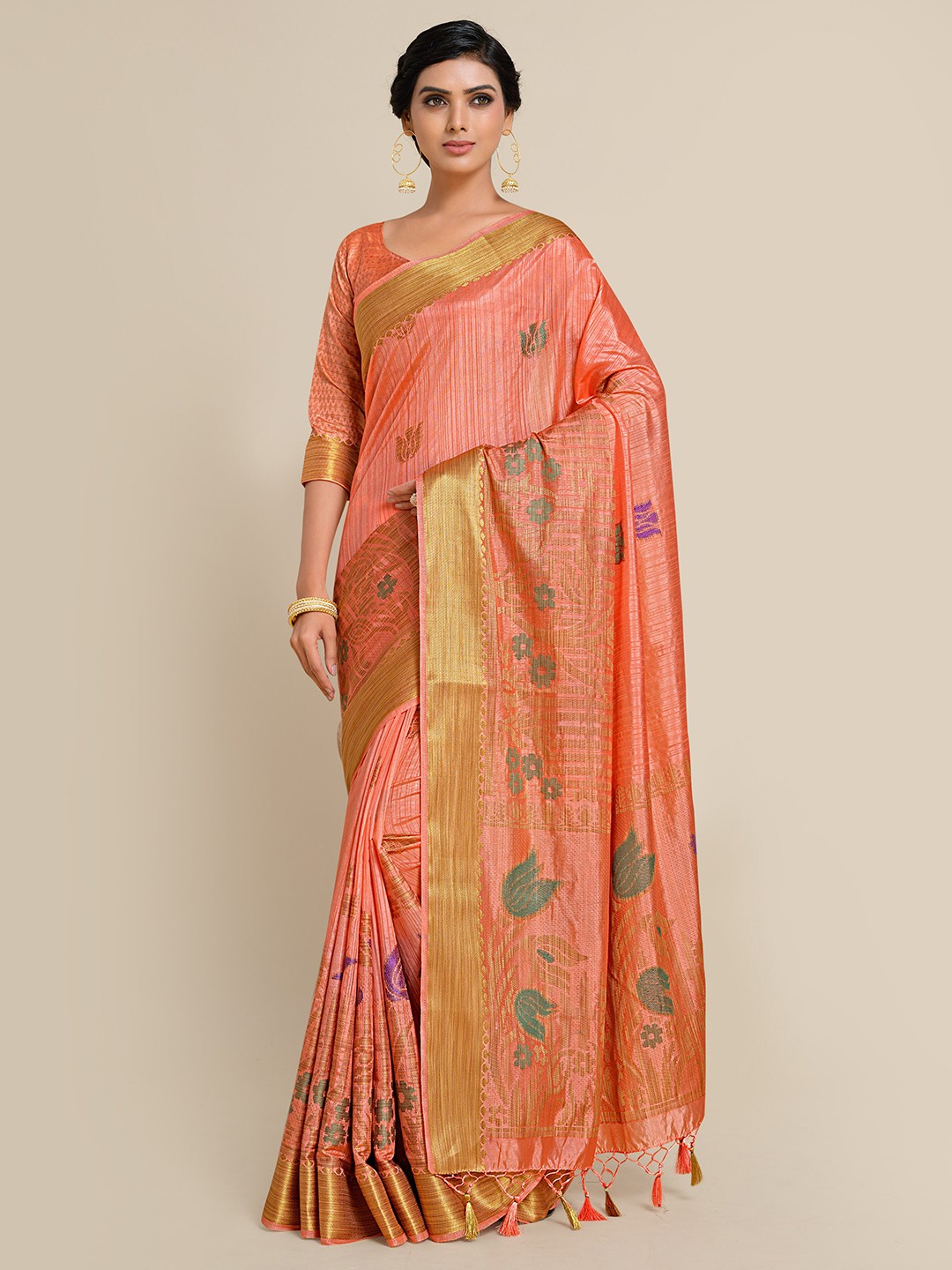 

MIMOSA Orange & Gold-Toned Woven Design Zari Art Silk Kanjeevaram Saree