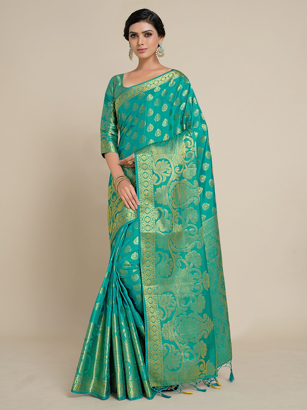 

MIMOSA Turquoise Blue Ethnic Motifs Zari Art Silk Kanjeevaram Saree
