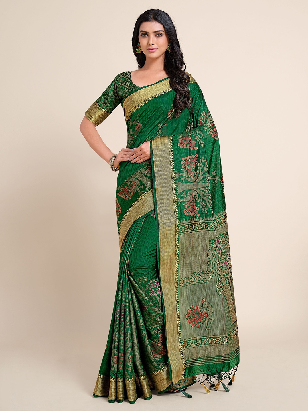 

MIMOSA Green & Red Ethnic Motifs Zari Art Silk Kanjeevaram Saree