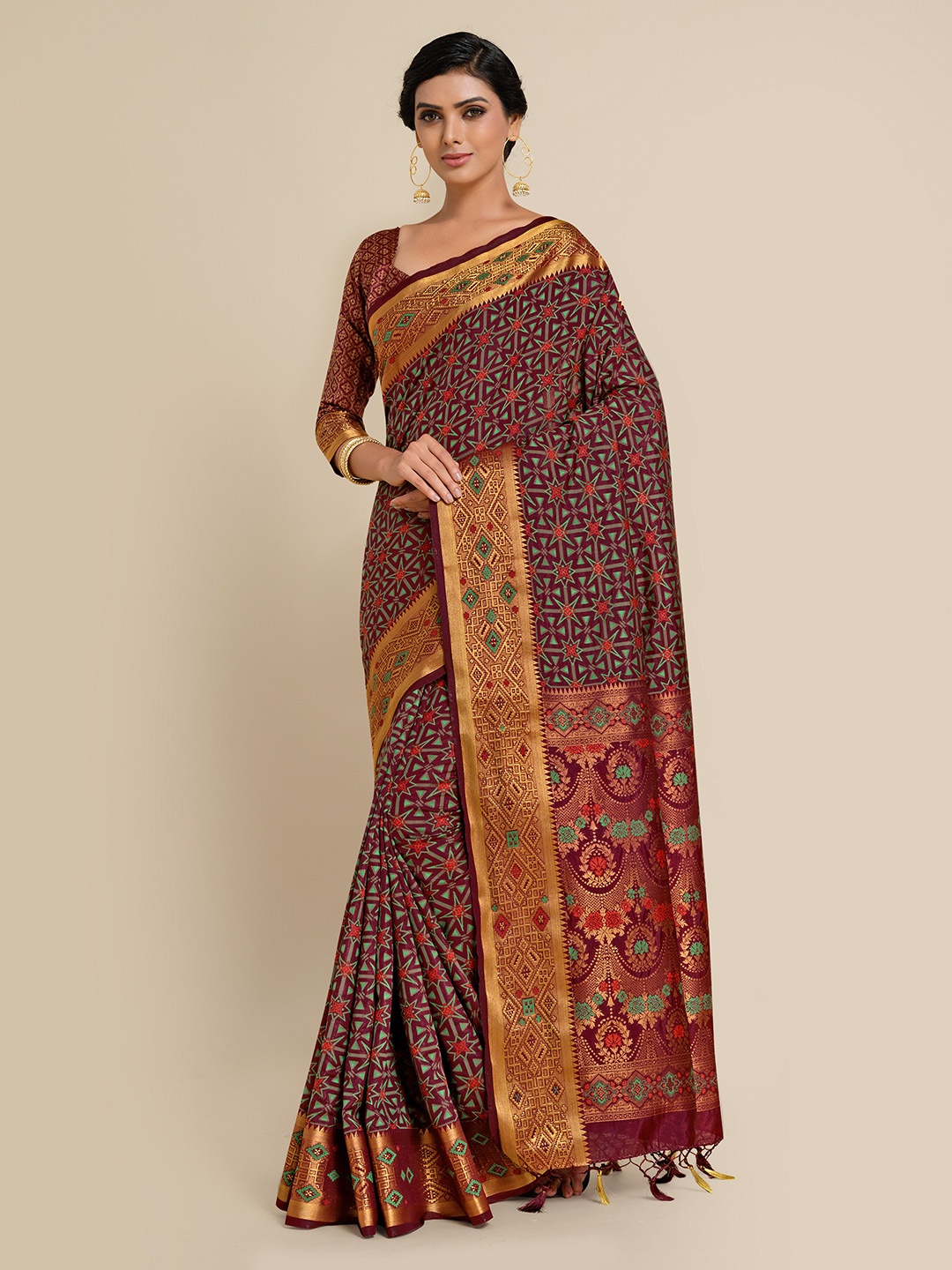 

MIMOSA Burgundy & Gold-Toned Zari Art Silk Kanjeevaram Saree