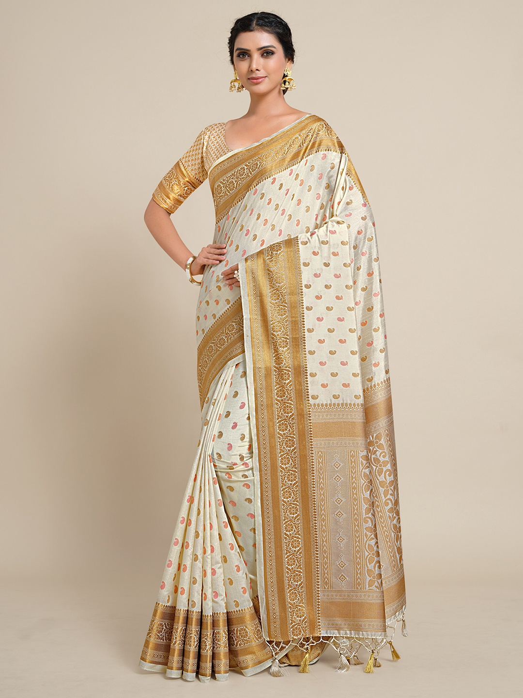 

MIMOSA Off White & Beige Ethnic Motifs Zari Art Silk Kanjeevaram Saree