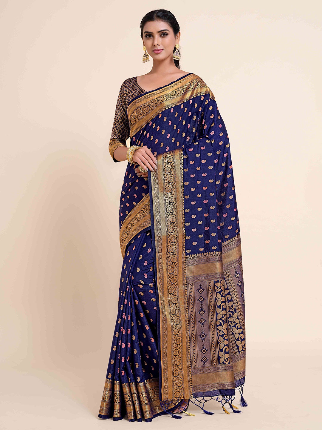 

MIMOSA Navy Blue & Gold-Toned Ethnic Motifs Zari Art Silk Kanjeevaram Saree