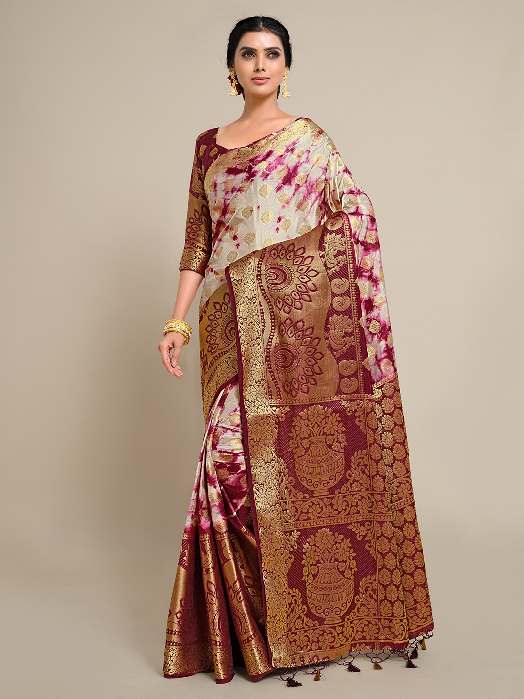 

MIMOSA Brown & Pink Leheriya Zari Art Silk Banarasi Saree