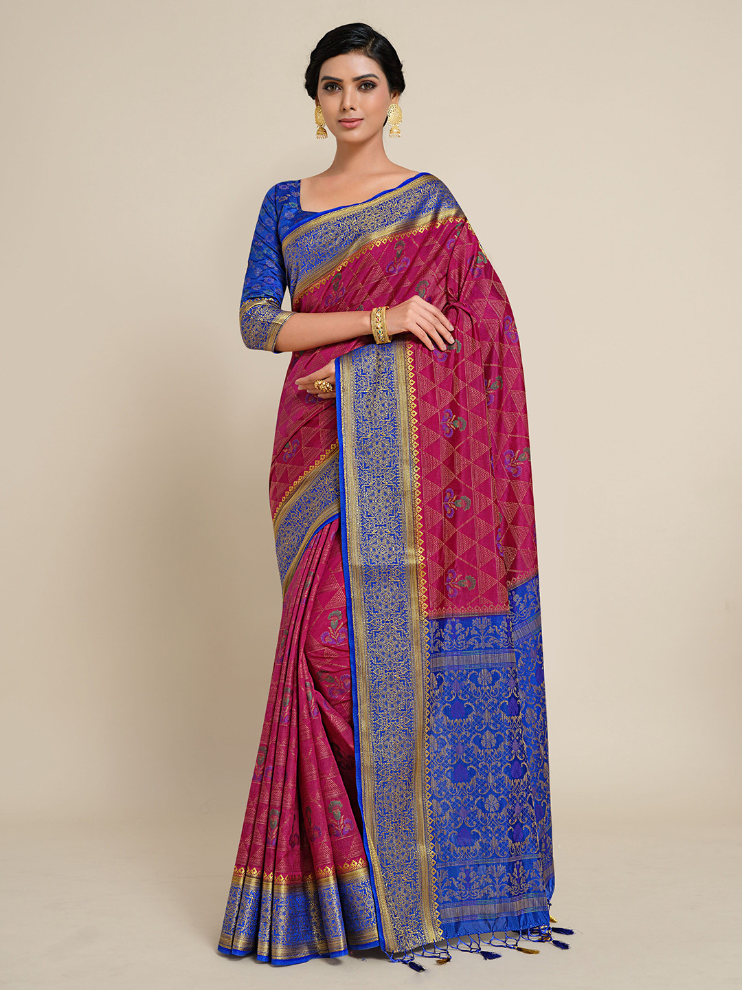 

MIMOSA Pink & Blue Zari Art Silk Kanjeevaram Saree