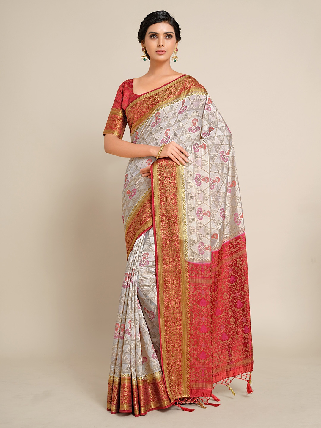 

MIMOSA Beige & Red Zari Art Silk Kanjeevaram Saree