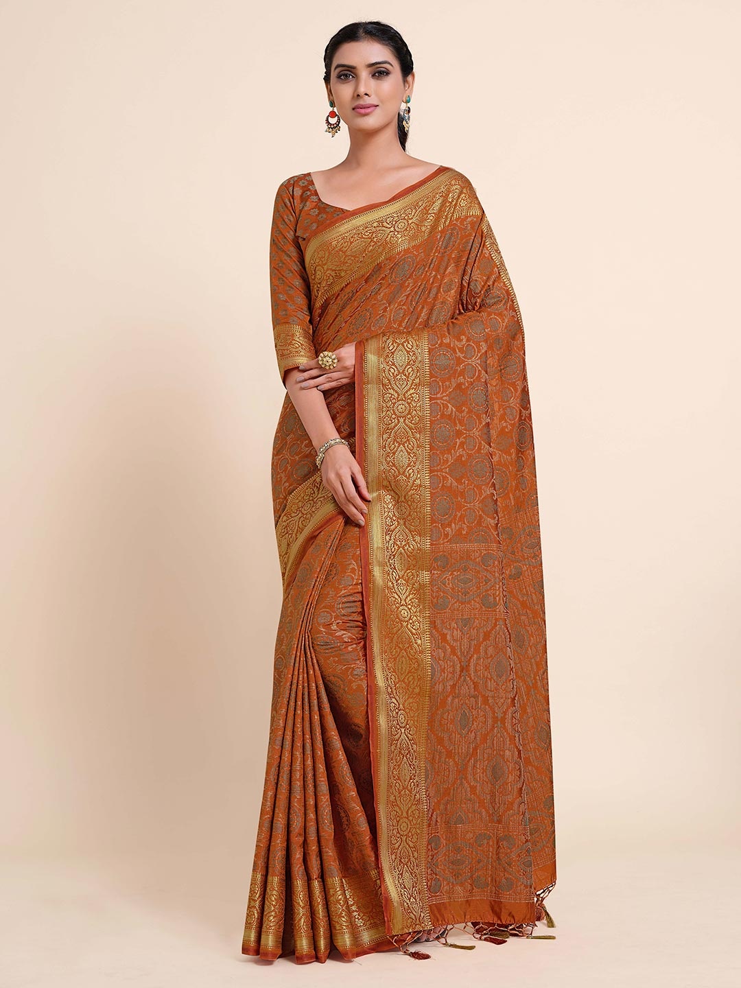 

MIMOSA Rust & Gold-Toned Zari Art Silk Kanjeevaram Saree