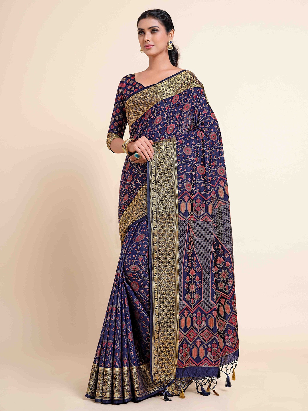 

MIMOSA Navy Blue & Pink Zari Art Silk Kanjeevaram Saree