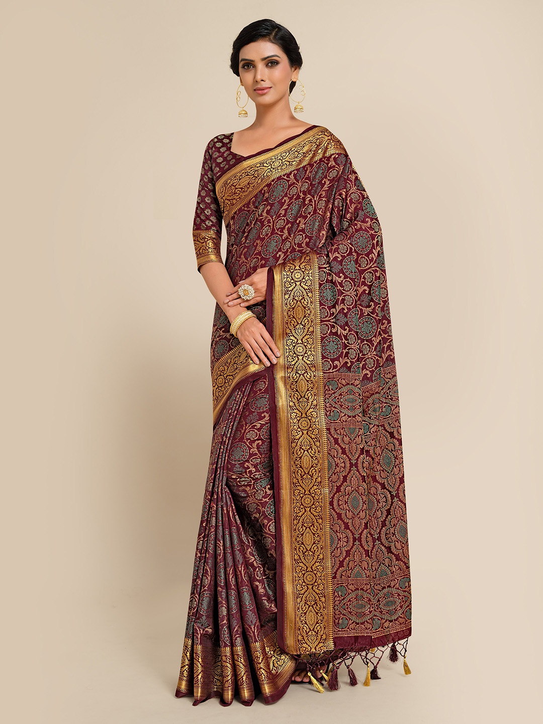

MIMOSA Burgundy & Gold-Toned Ethnic Motifs Zari Art Silk Kanjeevaram Saree