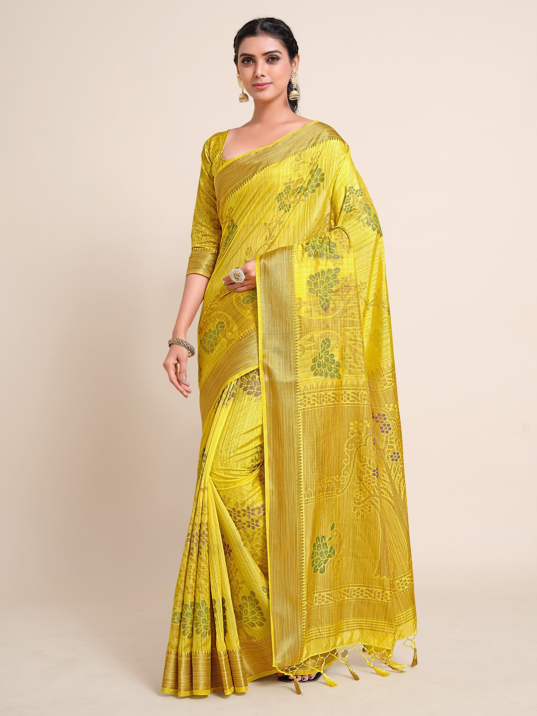 

MIMOSA Yellow & Gold-Toned Ethnic Motifs Zari Art Silk Kanjeevaram Saree