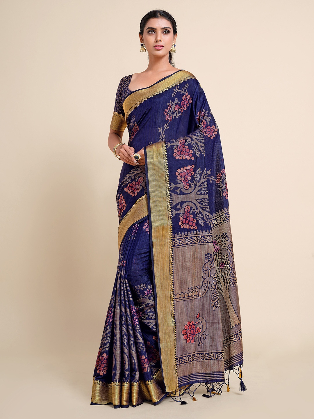 

MIMOSA Navy Blue & Pink Ethnic Motifs Zari Art Silk Kanjeevaram Saree