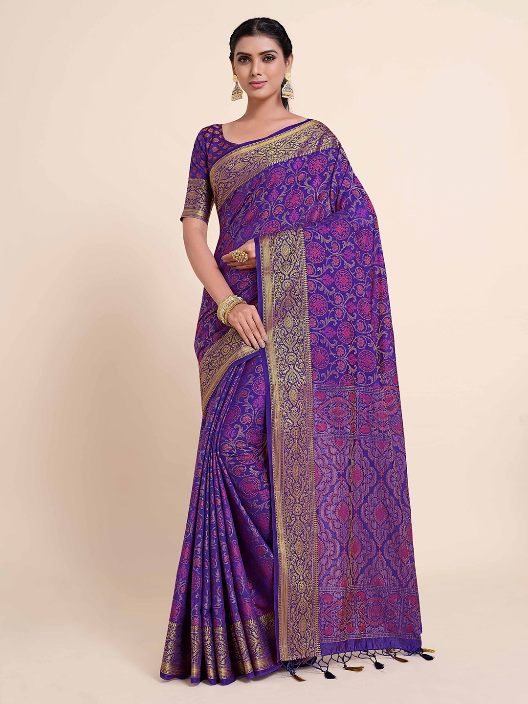 

MIMOSA Purple & Gold-Toned Ethnic Motifs Zari Art Silk Kanjeevaram Saree