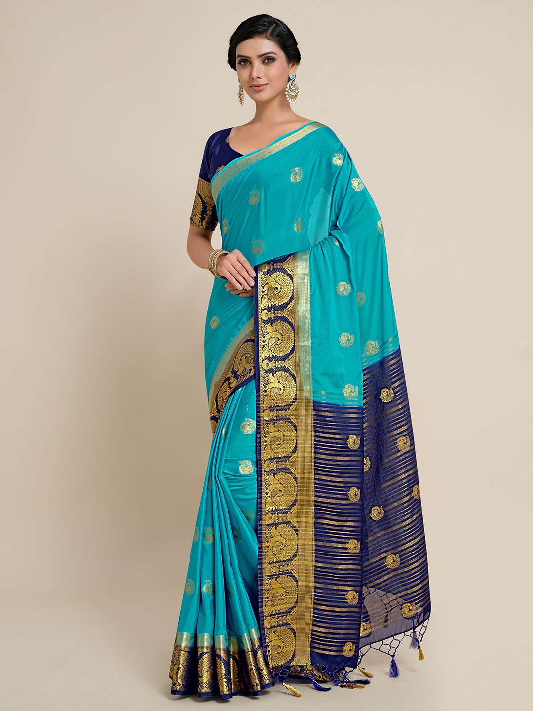 

MIMOSA Turquoise Blue & Gold-Toned Ethnic Motifs Zari Mysore Silk Saree